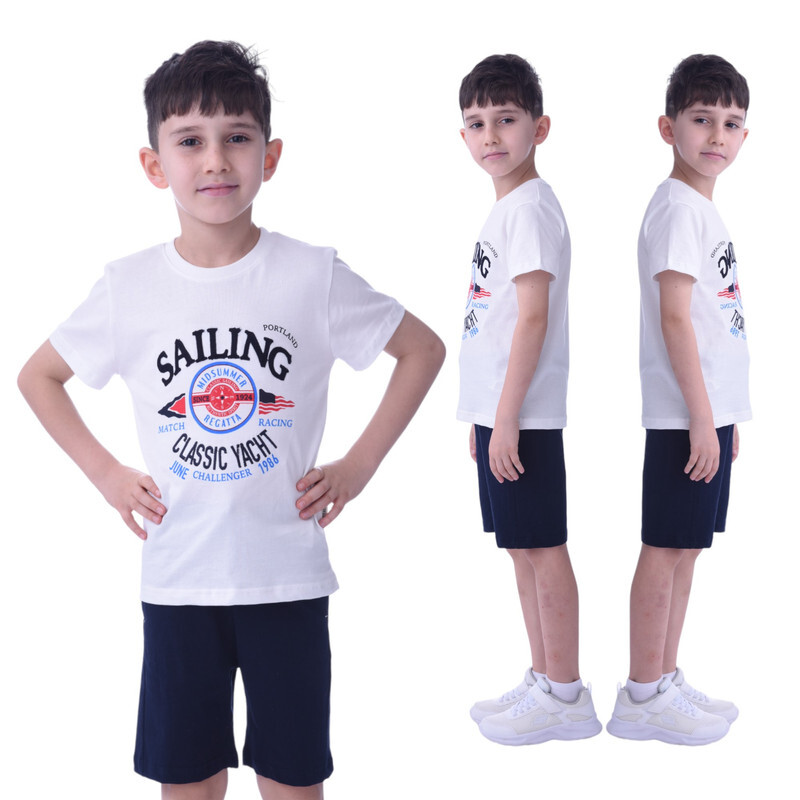 Kids  Boys 2 piece Set T-Shirts & Shorts  (2-8 Years): ivory Blue, Outfits Sets (100% Cotton)