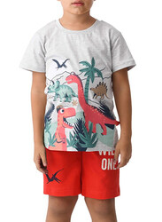Urbasy Printed Round Neck T-Shirt with Shorts Set for Kids Boys, 6-7 Years, Grey/Red