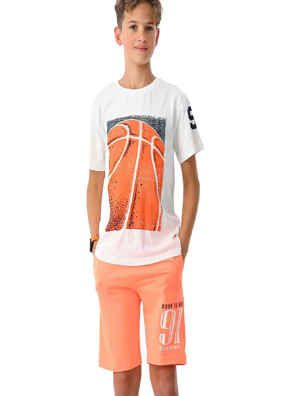 

Urbasy Boys Printed Round Neck T-Shirts Set with Shorts, 15 - 16 Years, White/Orange
