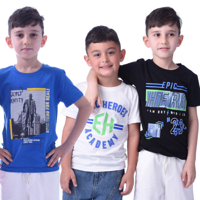 Boys' 3-Pack T-Shirts (2-8Y) Black, White, Blue, (100% Cotton)