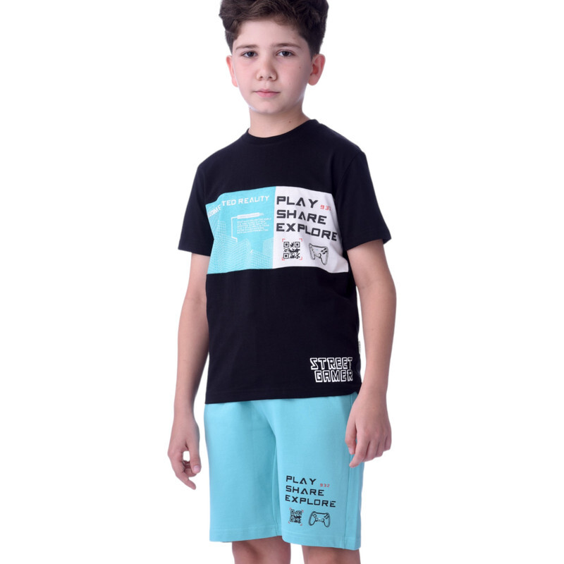2 Piece Set for Senior Boys' T-Shirt & Shorts Sets 8-14 Years -Black and Light Green Comfortable Fit 100 % percent Cotton-victor and jane