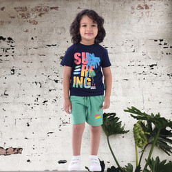Victor & Jane Boys' Comfortable 2-Piece T-Shirt & Shorts Set (2-8 Years)- Navy & Green, 100% Cotton