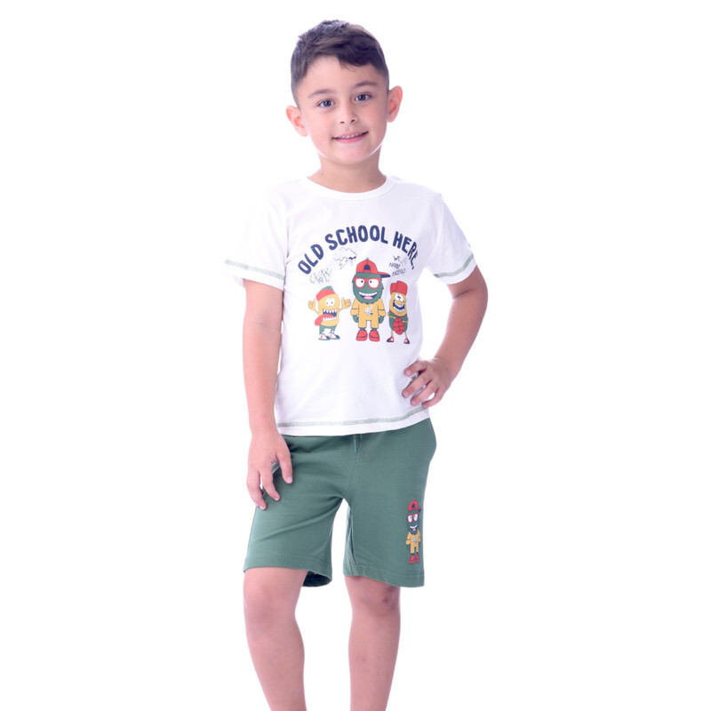 Kids Boys 2 piece Set T-Shirts & Shorts  (2-8 Years): ivory and Dark Green colour, Outfits Sets (100% Cotton)