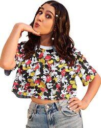 The Souled Store Official Mickey Mouse: Pattern Printed Oversized Cropped T-Shirt for Women, Small, Multicolour