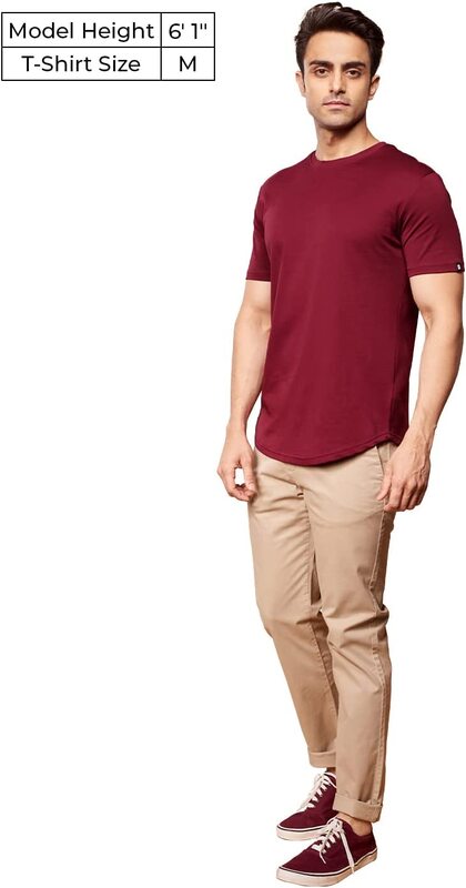 The Souled Store Solid Supima Drop Cut T-Shirt for Men, Large, Burgundy