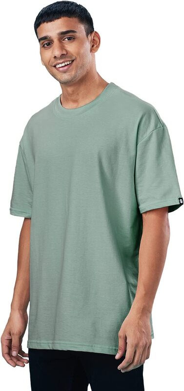 The Souled Store Sage Round Neck Half Sleeve Solid Cotton Oversized T-Shirt for Men, Small, Sage Green