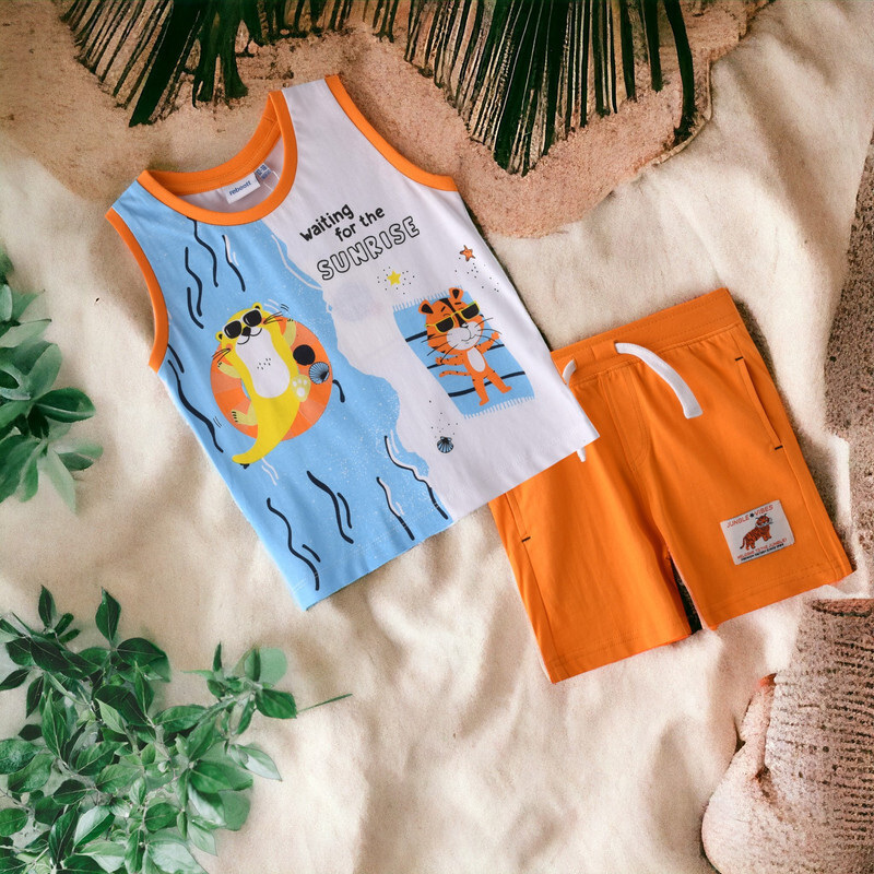 Infant Boys 2 piece Set Clothes Soft & Breathable (3-24 Months): ivory and Bright Orange, Sleeveless T-Shirt & Shorts, Outfits Sets (100% Cotton) - victor and jane