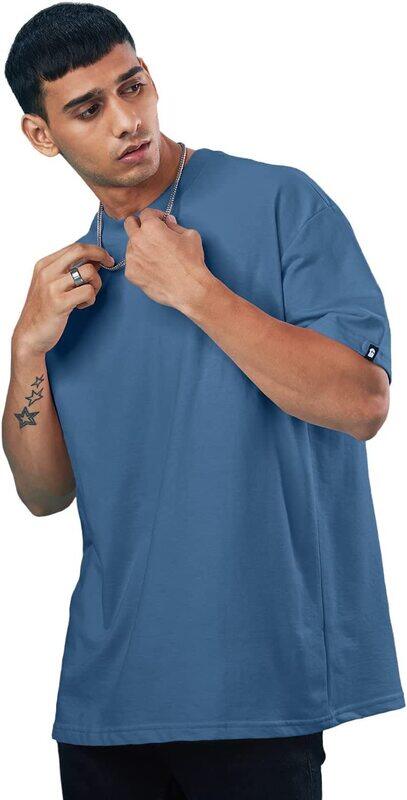 

The Souled Store Round Neck Solid Half Sleeve Cotton Oversized T-Shirt for Men, Medium, Denim Blue