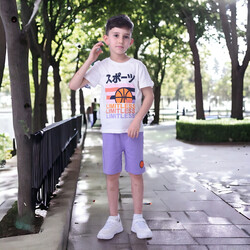 Kids Boys 2 piece Set T-Shirts & Shorts (2-8 Years): White and Lilac colour, Outfits Sets (100% Cotton)