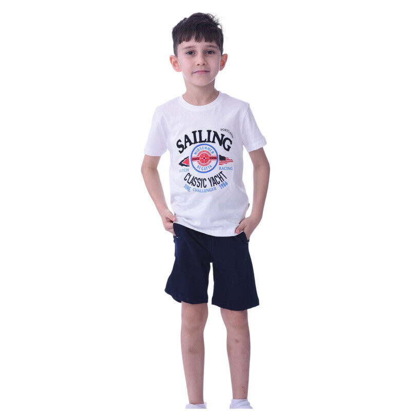 

Victor And Jane Kids Boys 2 piece Set T-Shirts & Shorts (2-8 Years): ivory Blue, Outfits Sets (100% Cotton)