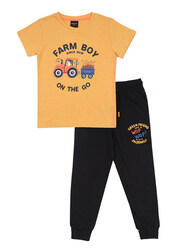 Urbasy Kids boys Printed round neck Mustard T-shirt with Black jogger pants set 8-9 years /mustard/black