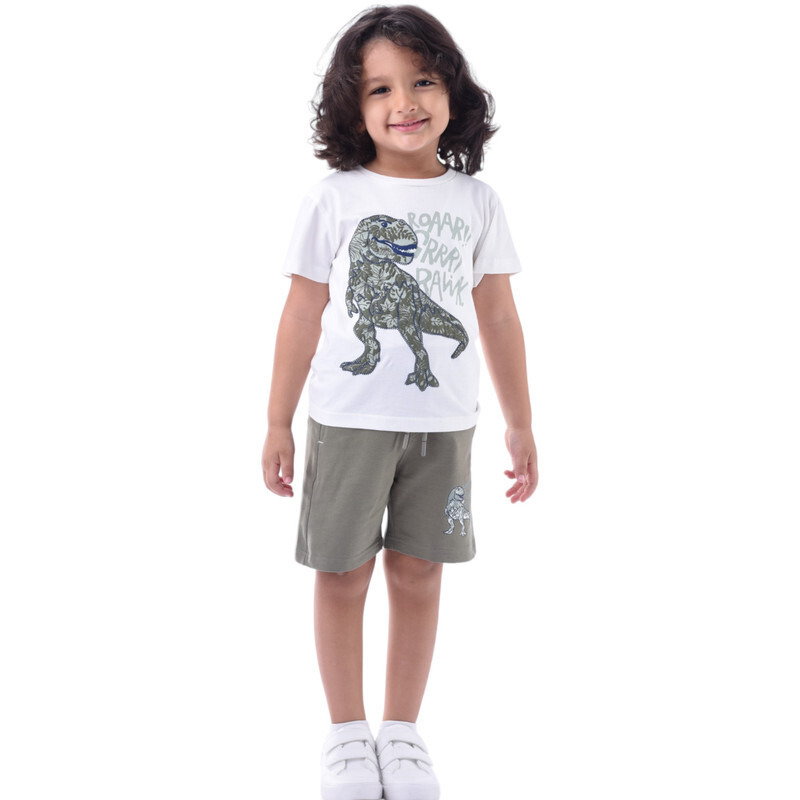 Victor & Jane Boys' Comfortable 2-Piece T-Shirt & Shorts Set (2-8 Years) - Off-White & Olive, 100% Cotton
