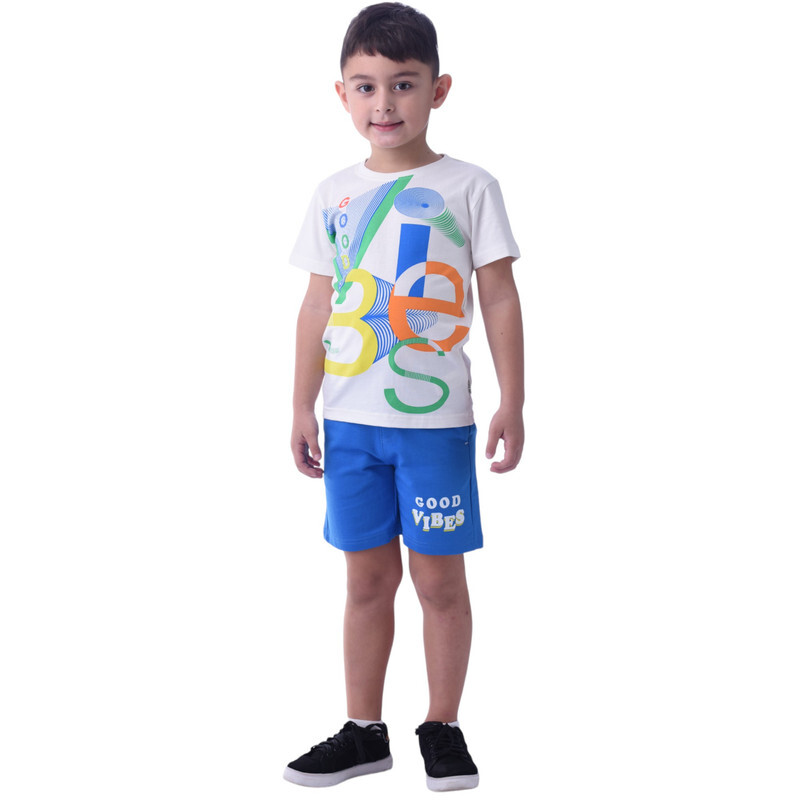 Victor & Jane Boys' Comfortable 2-Piece T-Shirt & Shorts Set (2-8 Years) Off-White & Blue, 100% Cotton