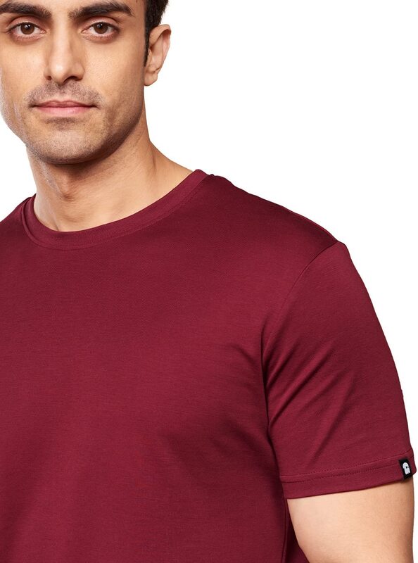 The Souled Store Solid Supima Drop Cut T-Shirt for Men, Small, Burgundy