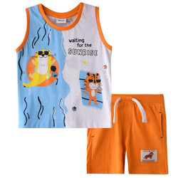 Infant Boys 2 piece Set Clothes Soft & Breathable (3-24 Months): ivory and Bright Orange, Sleeveless T-Shirt & Shorts, Outfits Sets (100% Cotton) - victor and jane