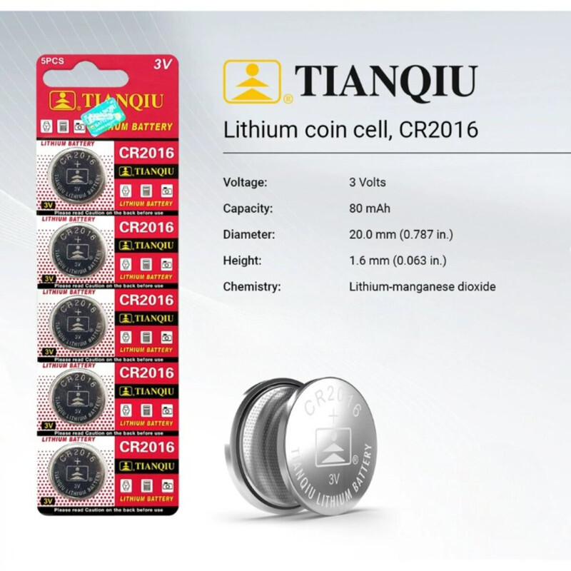 Tianqiu CR2016 Lithium 3V Batteries - 100 Pieces