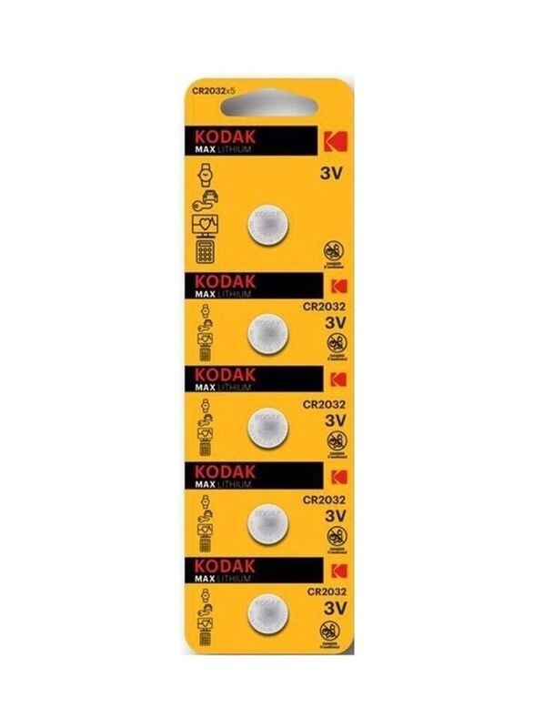 Kodak Max Lithium 3V Coin Cell Battery Set, 5 Pieces, CR2032, Silver