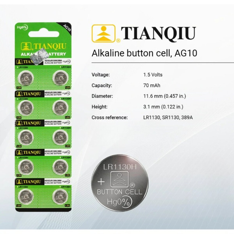 Tianqiu AG10/ LR1130H/ 389A Hg0% 1.5V Alkaline Batteries - 10 Pieces