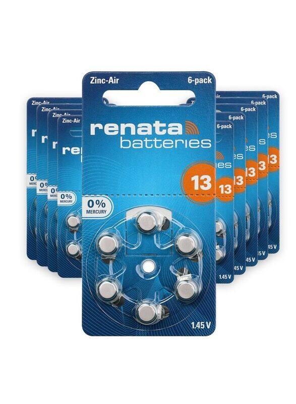 

Renata Size 13 Batteries for Zinc Air Hearing Aids, 60 Pieces, Silver