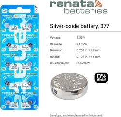 Renata SR626SW (377) Swiss Made Silver Oxide 1.55V (renata) 0% Mercury Batteries - 50 Pieces