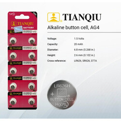 Tianqiu AG4/ LR626H/ 377A Hg0% 1.5V Alkaline Batteries - 10 Pieces