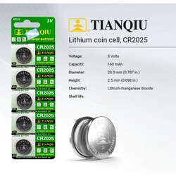 Tianqiu CR2025 Lithium 3V Batteries - 20 Pieces