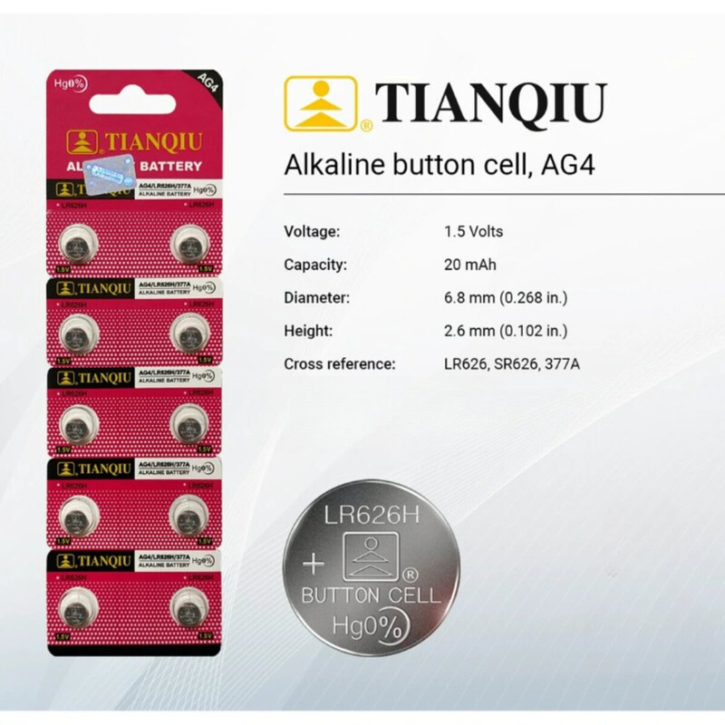 Tianqiu AG4/ LR626H/ 377A Hg0% 1.5V Alkaline Batteries - 20 Pieces