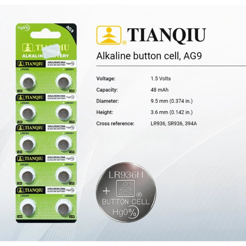 Tianqiu AG9/ LR936H/ 394A Hg0% 1.5V Alkaline Batteries - 20 Pieces