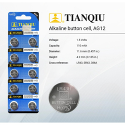 Tianqiu AG12/ LR43H/ 386A Hg0% 1.5V Alkaline Batteries - 100 Pieces