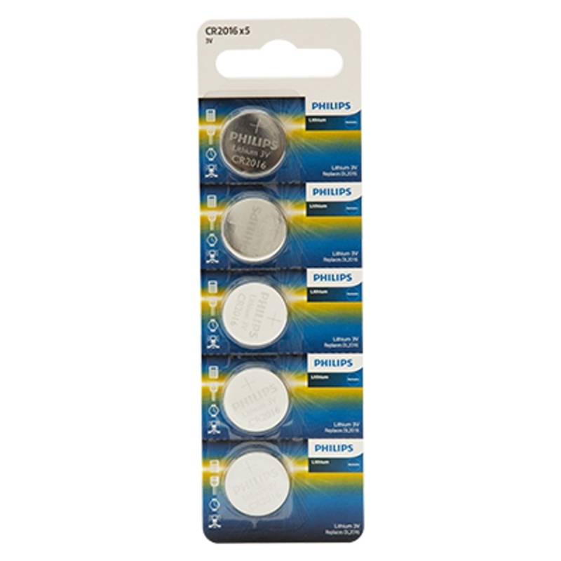 Philips CR2016 Lithium 3V Batteries - 5 Pieces