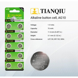 Tianqiu AG10/ LR1130H/ 389A Hg0% 1.5V Alkaline Batteries - 50 Pieces