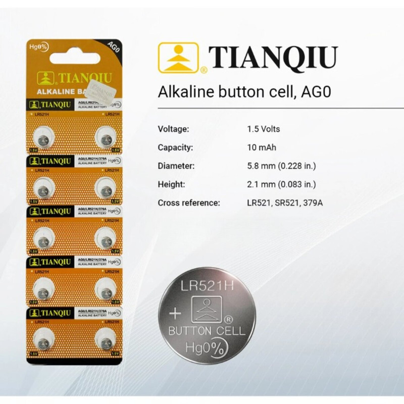 Tianqiu AG0/ LR521H/ 379A Hg0% 1.5V Alkaline Batteries - 10 Pieces