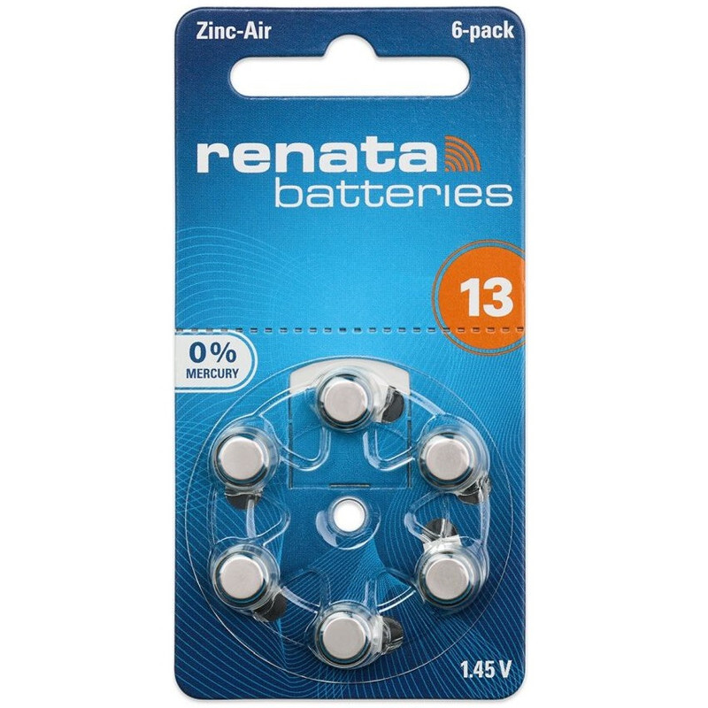 Renata (Size 13) Zinc-Air 1.45V Hearing Aid Batteries - 6 Pieces