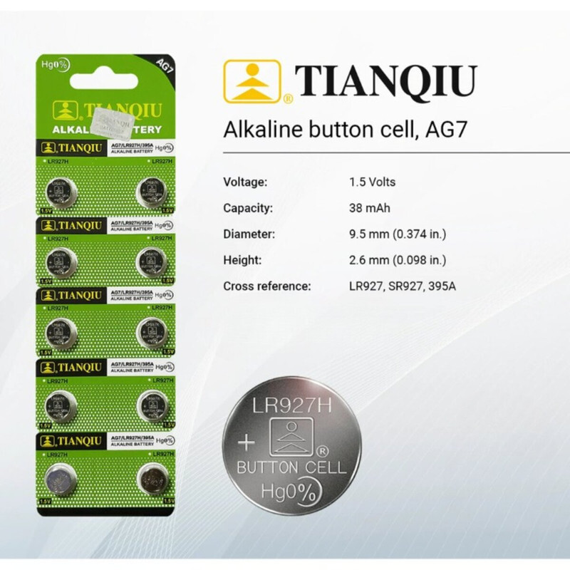 Tianqiu AG7/ LR927H/ 395A Hg0% 1.5V Alkaline Batteries - 50 Pieces