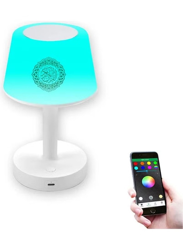 Equantu Table Lamp for Kids Digital APP Remote Control Multi Colour Lighting Quran Speaker, White