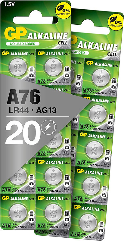 GP 20-Pieces (A76) LR44 AG13 Alkaline Cell 0% Mercury 1.5V Batteries