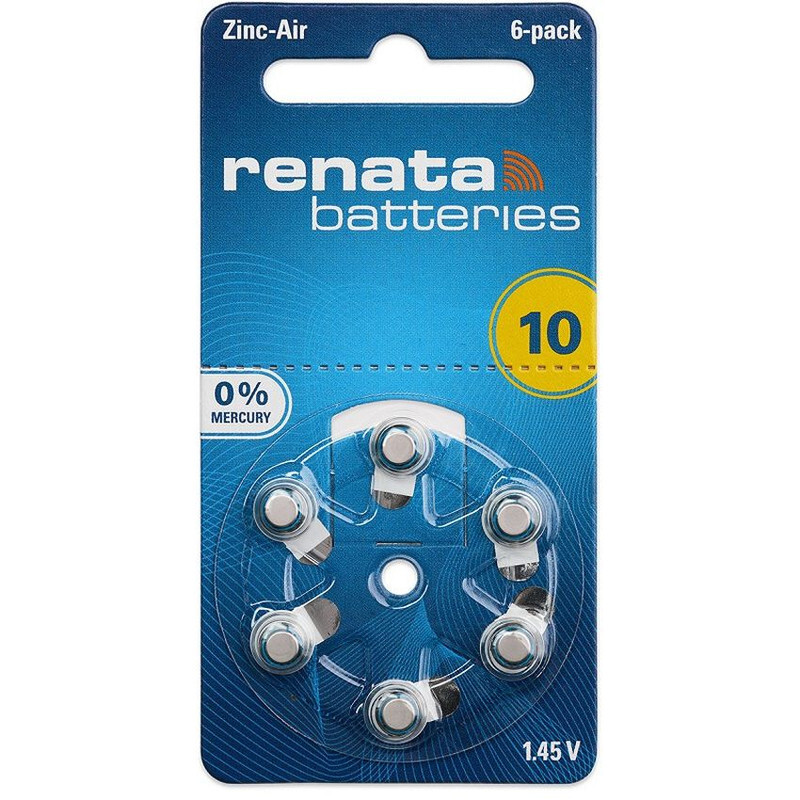 Renata (Size 10) Zinc-Air 1.45V Hearing Aid Batteries - 6 Pieces