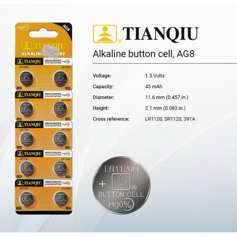 Tianqiu AG8/ LR1120H/ 391A Hg0% 1.5V Alkaline Batteries - 100 Pieces