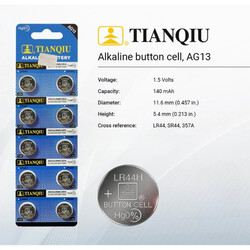 Tianqiu AG13/ LR44H/ 357A Hg0% 1.5V Alkaline Batteries - 10 Pieces