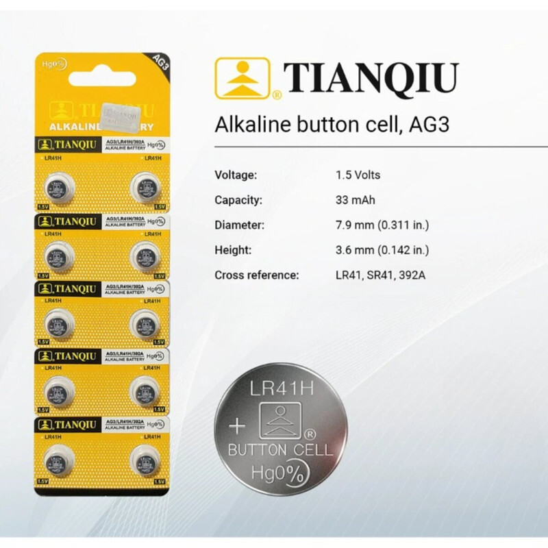 Tianqiu AG3/ LR41H/ 392A Hg0% 1.5V Alkaline Batteries - 20 Pieces