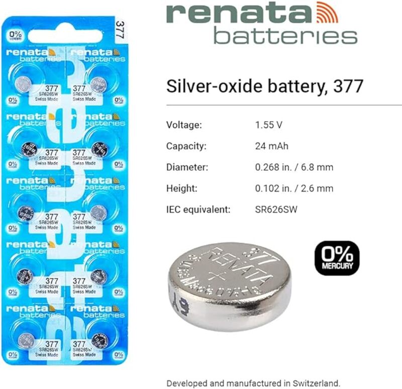 Renata SR626SW (377) Swiss Made Silver Oxide 1.55V (renata) 0% Mercury Batteries - 10 Pieces