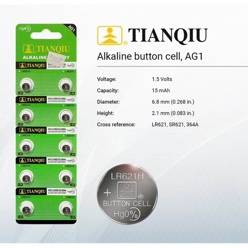 Tianqiu AG1/ LR621H/ 364A Hg0% 1.5V Alkaline Batteries - 100 Pieces