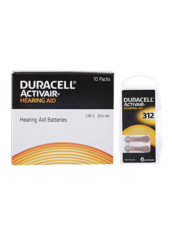 

Duracell Activair 1.45V Hearing Aid Batteries, DA ZA312, 60 Pieces, Silver