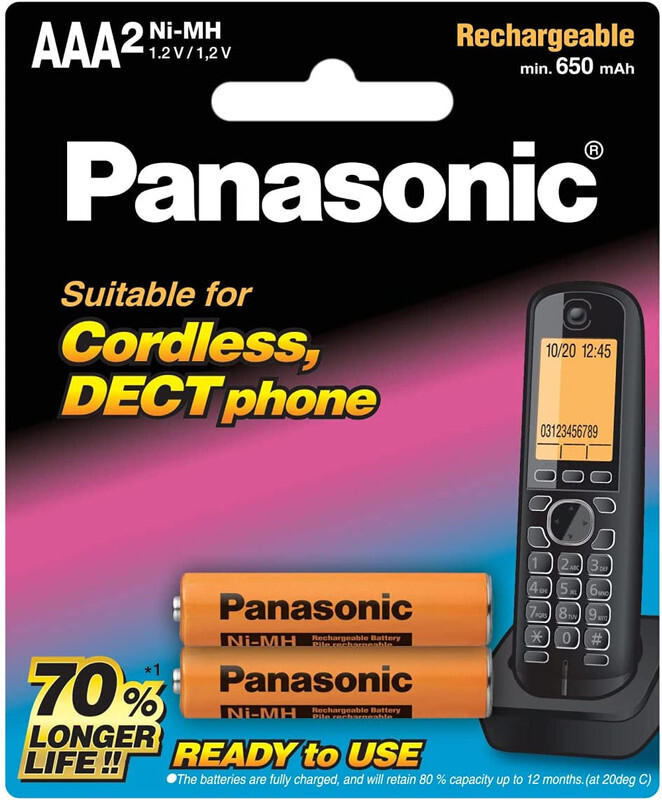 Panasonic AAA2 Ni MH 1.2V Suitable For Cordless,DECT Phone (650mAh) Rechargeable Batteries - One Card