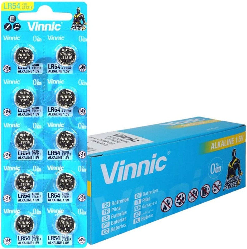 

Vinnic AG10 LR54,LR1130 (L1131F) 0% Hg Alkaline Button Cell 1.5V Batteries - 100 Piece