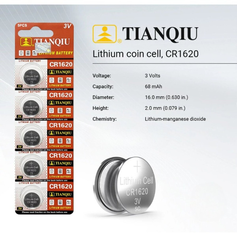 Tianqiu CR1620 Lithium 3V Batteries - 50 Pieces