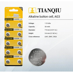 Tianqiu AG3/ LR41H/ 392A Hg0% 1.5V Alkaline Batteries - 50 Pieces