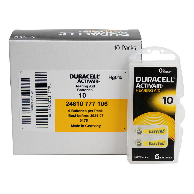 

Duracell ZA 10 1.45V Activair Hearing Aid Zinc Batteries, 60 Pieces, Brown