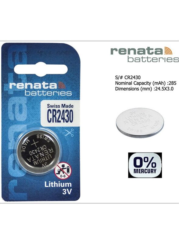 Renata Swiss Made Lithium 3V Battery, CR2430, Silver