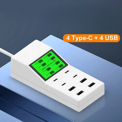 Smart LCD Display 8A Port Charger, (4 Type-C) + (4 USB Port) For Multi Purpose Use